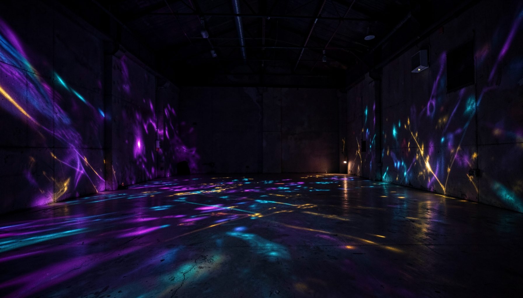 Empty dark room with concrete walls illuminated by colorful streaks of purple, blue and gold light, abstract artistic mood