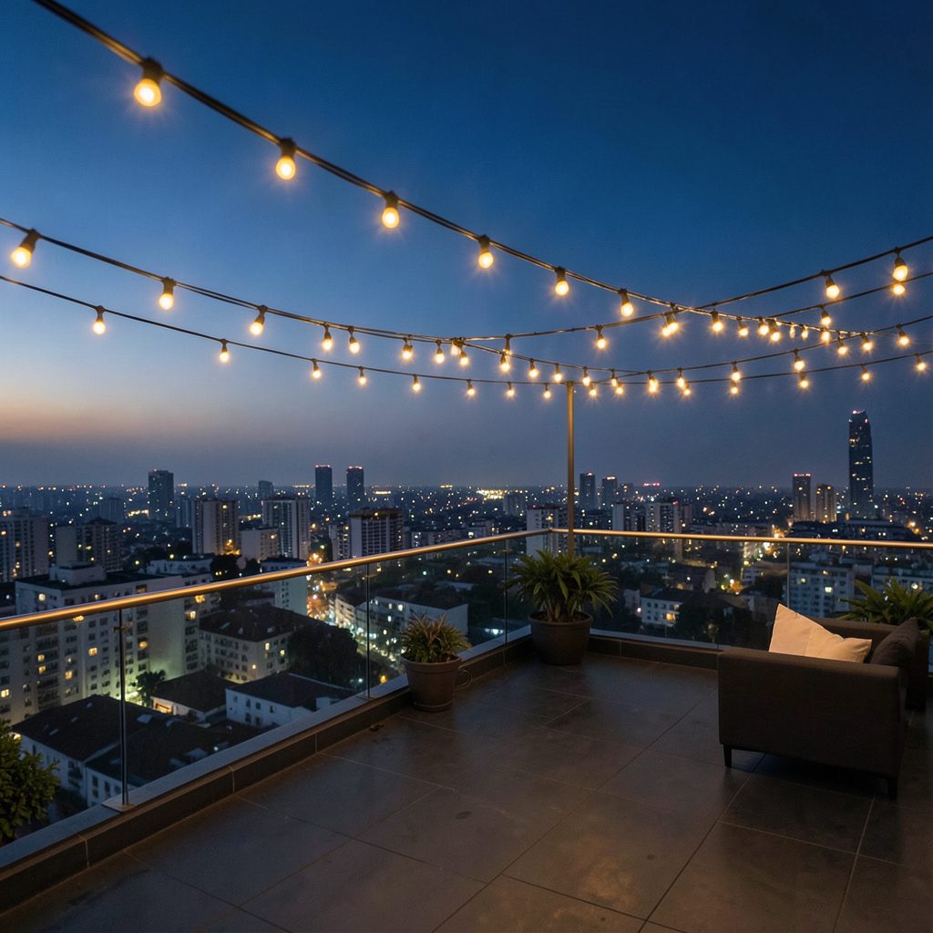 Rooftop terrace at dusk with string lights overhead, potted plants, armchair, and city skyline view, warm and blue tones